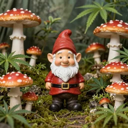 photo of a garden gnome in the middle of a magic mushrooms and cannabis plants mini forest