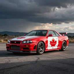 skyline r34 Canada flag paintwork, photography, realistic, detailed
