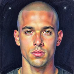 very detailed portrait of a shaved head brazilian david harbour, pastel color scheme, by wlop and tyler oulton, detailed eyes, starry background, trending, on artstation.