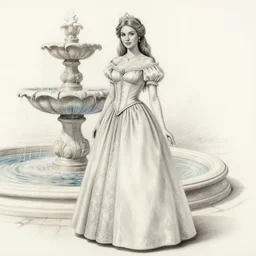 hyper realistic pencil drawing of a fantasy princess standing by a fountain, muted water color, full portrait, detailed, rim light, diffused, intricate, by anna dittmann