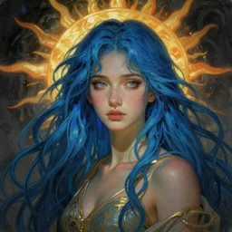 stunning, breathtaking, awe-inspiring award-winning concept art nouveau painting of attractive Ashley Liao with blue hair, as the goddess of the sun, with anxious, piercing eyes, by Alphonse Mucha, Michael Whelan, William Adolphe Bouguereau, John Williams Waterhouse, and Donato Giancola, cyberpunk, extremely moody lighting, glowing light and shadow, atmospheric, cinematic, 8K