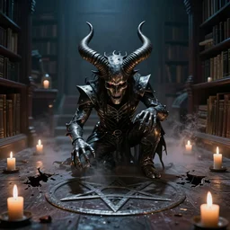 a metal musician using a pentagram on the floor to conjure a demon inside a spooky library. Twisted Demon horns breaking through the floor. Candles. Ominous lights. Magic dust. Cult Horror film still from 1980s.