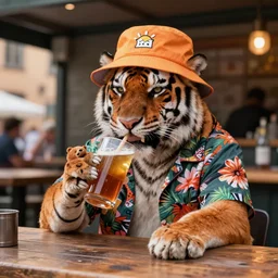 a tiger wearing a bucket hat and a hawaii shirt drinking a bear at an outdoor bar in södermalm, digital art