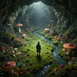 a lone medieval traveler standing in a colorful fungus garden in a cave, birds eye view, hiroo isono, dark!!!!!, foggy, cavern, underground!!!!, beetles running through the moss, psychedelic, river running through it