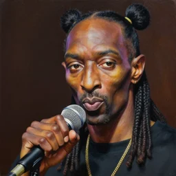 beautiful lifelike painting of mf doom holding the mic like ponytails tight and with the bobble up, hyperreal detailed facial features and uv lighting, art by ed roth and basil wolverton