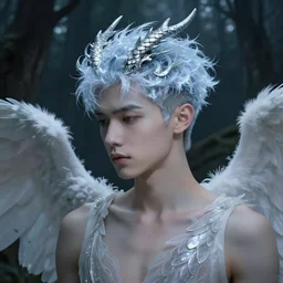 cinematic portrait angel boy, fantasy forest landscape, dragon scales in hair, fantasy magic, undercut hairstyle, short ice hair, dark light night, intricate, elegant, sharp focus, illustration, highly detailed, digital painting, concept art, matte, art by WLOP and Artgerm and Greg Rutkowski and Alphonse Mucha, masterpiece