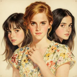 “ emma watson portrait by ikenaga yasunari and ayana otake and ko rakusui, 6 0 s poster, drawing, realistic, sharp focus, japanese, dreamy, nostalgia, faded, golden hues, floral clothes ”