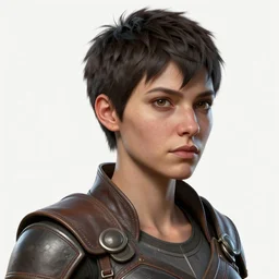 hyper detailed substance painter texture mapped 3 d full body character turnaround of a woman with a pixie cut and leather armor, realistically proportioned face, photorealistic eyes, cinematic lighting, good value control, smooth, realistic shading, realistic face details, highly detailed, digital painting, painted texture maps, illustration, substance painter