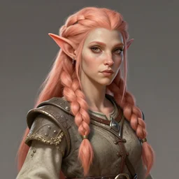 female firbolg dungeons and dragons with long braided peach color hair, wearing an old tunic, d & d digital character illustration, artstation trending female illustration, intricate, sharp focus, highly detailed, digital painting, matte, character art by prywinko art, amazing art of feminine aloy horizon zero dawn, studio quality, masterpiece