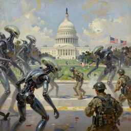 highly detailed painting of alien androids attacking washington dc and american army, by william turner, by greg rutkowski, by william constable, thick brush strokes and visible paint layers, 4 k resolution