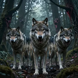 an epic action photorealistic masterpiece of a rabid wolfpack, in a forest made of nightmares, horrific digital art, extremely moody lighting, style of chippy