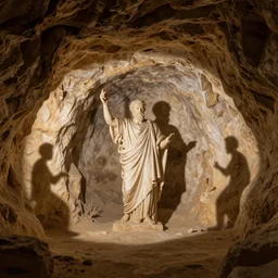 Plato's cave myth as a cave painting, shadows on cave walls