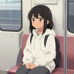 anime visual, portrait of a young black haired girl wearing hoodie sitting on subway seeing outside, cute face by yoh yoshinari, katsura masakazu, dramatic lighting, dynamic pose, dynamic perspective, strong silhouette, ilya kuvshinov, moody, detailed