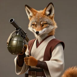 beautiful portrait of a female anthropomorphic coyote fursona wearing jedi robes wielding a grenade launcher. detailed hands. character design by charlie bowater, ross tran, artgerm, and makoto shinkai, detailed, soft lighting, rendered in octane