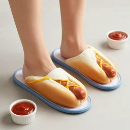 using hot dogs as slippers, sauce everywhere