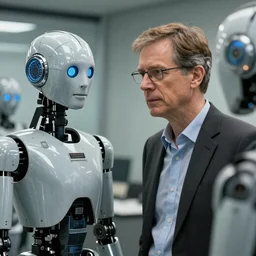 Klaus Schwab stares in the movie None of them Knew they were robots, photorealistic