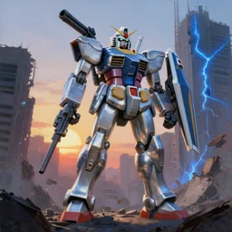 an extremely beautiful painting of a polished chrome mecha robot with a large gun on shoulder, standing in ablated urban ruin, sun setting in the background. blue light from a rift glows between buildings. ultradetailed concept art by tyler edlin, featured on artstation, featured on cgsociety
