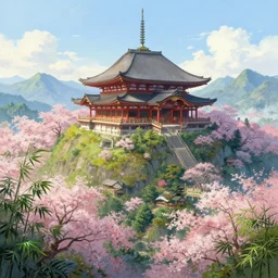 A beautiful digital fantasy painting of a giant Japanese temple at the top of a hill in the mountains, surrounded by cherry blossom trees and bamboo, by Greg Rutkowsky and James Gurney, trending on Artstation