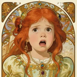 well - lit art nouveau portrait of a 1 3 - year old girl who resembles natalie portman and millie bobby brown frightened, vulnerable expression with parted, open lips, with red hair as a princess with intricate, ornate jewelry, natural lighting, path traced, highly detailed, high quality, cartoon, digital painting, by don bluth and ross tran and studio ghibli and alphonse mucha