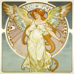 A Nike Goddess of Victory with wings by Alphonse Mucha and Yoji Shinkawa in the syle of Art Noveau