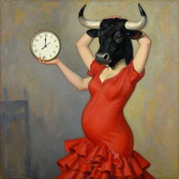 highly detailed painting of pregnant flamenco dancer with a black bull head wearing red flower dress and holding time in her left hand by tamara de lempicka