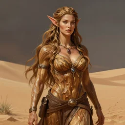 beautiful character render of a gorgeous and curvy wood-elf ranger from dungeons and dragons in the desert by artgerm and greg rutkowski and thomas kinkade