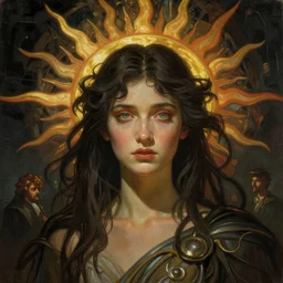 stunning, breathtaking, awe-inspiring award-winning concept art nouveau painting of attractive Ashley Liao as the goddess of the sun, with anxious, piercing eyes, by Alphonse Mucha, Michael Whelan, William Adolphe Bouguereau, John Williams Waterhouse, and Donato Giancola, cyberpunk, extremely moody lighting, glowing light and shadow, atmospheric, cinematic, 8K