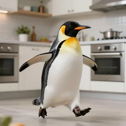 penguin running in the kitchen with a knife in it's hand, 4k