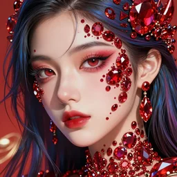 an absurdly beautiful, elegant, young hypercolorful sensual gravure idol partially made up of rubies and red gems, ultrafine hyperrealistic detailed face illustration by kim jung gi, irakli nadar, intricate linework, sharp focus, bright colors, matte, octopath traveler, final fantasy, unreal engine highly rendered, global illumination, radiant light, intricate environment