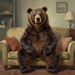 a grisly bear sitting upright on a couch in a 1 9 5 0 s style living room. featured on artstation. painting. beautiful use of colors