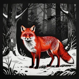 lino cut in black and red of a fox in the woods in winter