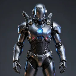 crow wearing cybernetic battle armour, portrait, leds, realistic reflections, dramatic lighting