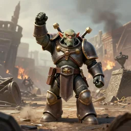 a beautiful illustration of a hyper realistic render of a single warhammer goblin solo posing victorious full body centered in a war zone in the style of stephen bliss