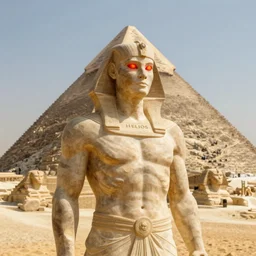 Helios muscular god, red fire eyes, guarding the pyramid of Cheops, dessert, ancient world, realistic, god, dramatic lightning, very detailed, concept art,