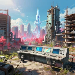 a beautiful photorealistic illustration of unfinished building city industrial architecture urbex abandoned control room by kazuyo sejima, tokyo fantasy vaporwave futuristic crystal vice city infrared liberty city elysian wilderness thermal vision at spring sunlight assassin's creed studio ghibli, archdaily, wallpaper, highly detailed, trending on artstation.