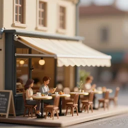 tilt shift photography, extreme dof, a miniature european cafe, bokeh, model, simplified