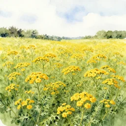 tansy field, high quality watercolors, award winning, trending on artstation