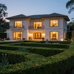 hdr outdoor real estate photography, dusk, cinematic, luxury villa, bokeh, warm lighting, hedges and clean topiary, garden, artstation, sony fe 6 0 0 mm f 4. 0 gm oss