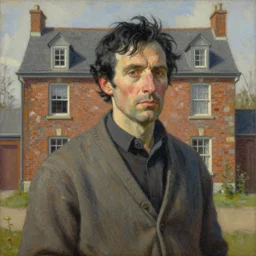 intricate painting of a middle aged man with black hair wearing a cardigan in front of an old brick house, charles camoin, artei freytag, trending on artstation, fantasy art