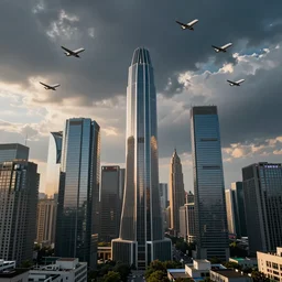 skyscrapers flying towards stationary planes