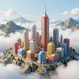 futuristic city on a mountainside, red - yellow - blue buildings, city, city on mountainside, clouds around buildings, cel - shaded, raytracing, cel - shading, toon - shading, 2 0 0 1 anime, flcl, jet set radio future, drawn by artgerm