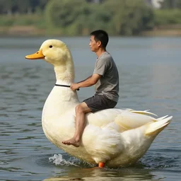man riding a giant duck