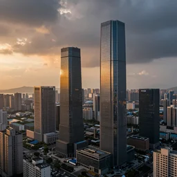 skyscrapers with straight features rising above the industrial city with dramatic sunset lighting and heavy rainy clouds, artstation, unreal engine 5, hyperdetailed, aerial view, 2 4 mm lens