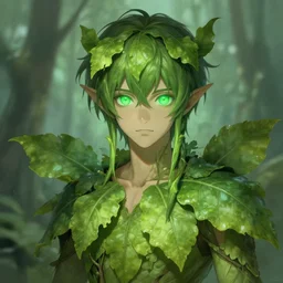 a realistic anime portrait of a beautiful male dryad with glowing green eyes wearing clothes made of huge leaves, digital painting, by stanley artgerm lau, sakimichan, wlop and rossdraws, digtial painting, trending on artstation, deviantart