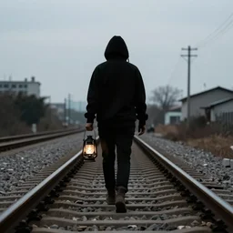 A clean single of a silhouetted figure holding a lantern walks along some railroad tracks towards the camera