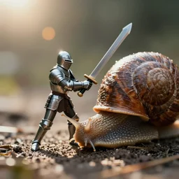 a tiny human knight in armor swinging his sword at an ordinary snail with a large shell, cinematic lens flare, dramatic lighting, professional macro photography, kodachrome