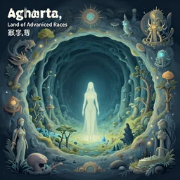 agharta, land of advanced races, hollow earth infographic with illustrations, by victo ngai, kilian eng vibrant colours, dynamic lighting, digital art, winning award masterpiece, fantastically beautiful, illustration, aesthetically inspired by beksinski and dan mumford, trending on artstation, art by greg rutkowski, 8 k