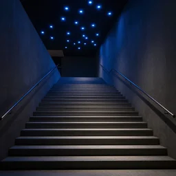 stairs with soft blue lights in the roof, octane render, artstation trending, highly detailded