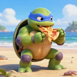beautiful digital fantasy illustration of a pizza blobfish on the beach, teenage mutant ninja turtles eats pizza, realistic, detailed, cinematic, hyperrealism, hyper realistic render, ultra detailed, octane, 3 d, light shining through, by petros afshar and chiho aoshima, smooth, sharp focus, illustration