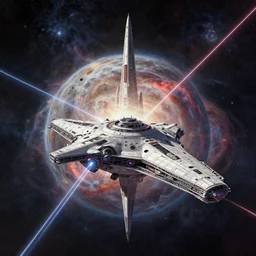 spaceship orbiting a bizarre alien planet, sublime but intricate design, laser beams shooting by, starship centered with militarized design, pillars of creation nebula in background, starfield in background, style of Tyler Edlin, style of Tim White
